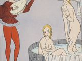 a drawing of a woman in a bathtub with two men in it