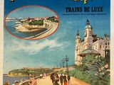 a poster advertising a train on a train track with people on it