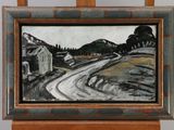 an oil painting of a rural road in a frame on a easel