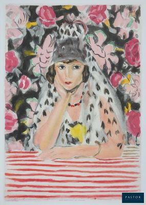 painting of a woman with a hat and scarf sitting at a table