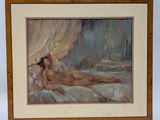 an oil painting of a nude woman laying on a bed with a mirror in the background
