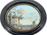 une image représentant un tableau sur lequel figurent un moulin à vent et une maison attenante au moulin