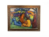 an oil painting of a group of people sitting in a field