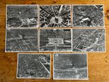 several black and white photos of a table with a bunch of pictures