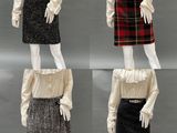 three mannequins dressed in different styles of skirts and blouses