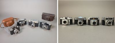 two pictures side by side one has a camera and the other has a bag