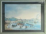 painting of a view of a harbor with boats and people on the water