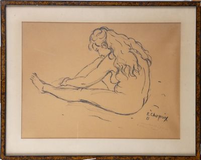 drawing of a nude woman sitting on a bed with her legs crossed