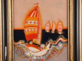 an image of a painting of a sailboat on a body of water with other boats in the background