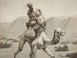 painting of a man riding a camel in a desert with mountains in the background