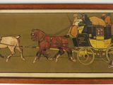 tableau représentant une calèche tirée par des chevaux avec des passagers à bord
