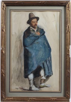 an oil painting of a man in a blue cloak and hat