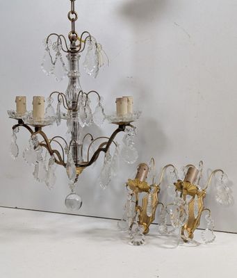 Lustre à pampilles à 5 lumières en verre et laiton (H.