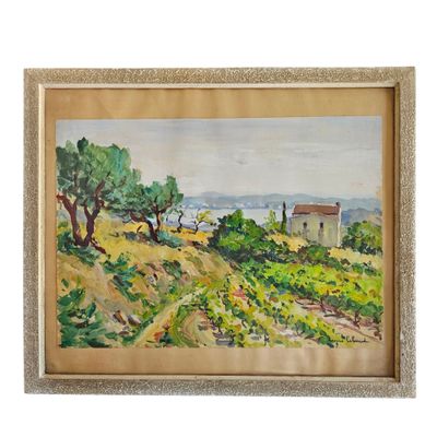 une peinture à l'huile représentant une maison sur une colline, avec des arbres au premier plan