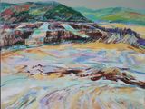 une peinture à l'huile d'un paysage avec des montagnes en arrière-plan
