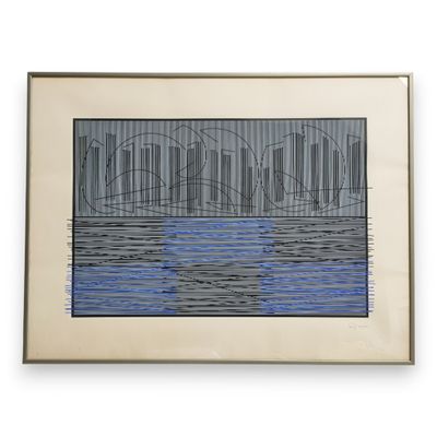 a painting of a cityscape with blue water in the foreground