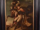 an oil painting of a man holding a horse on a easel