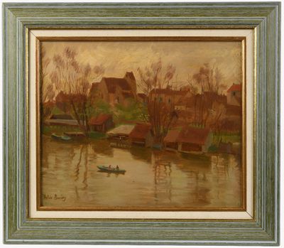 une peinture représentant une scène de rivière avec un bateau dans l'eau