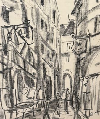 esquisses d'un dessin représentant une scène de rue avec des passants marchant dans la rue