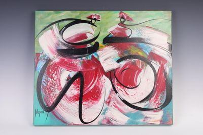 abstract painting of a bicycle with a flower on the back