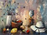 a painting of a still life with fruit and a hat