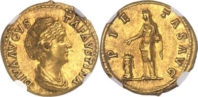 a gold coin with an image of a woman holding a sword