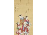 an oriental painting of two women in kimono robes, one holding a basket