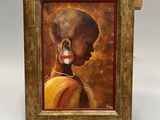 une peinture à l'huile représentant une femme vêtue d'une robe jaune, avec une rayure rouge sur le visage