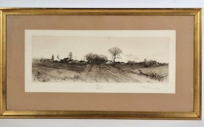 une image représentant un dessin de paysage dans un cadre doré