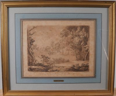 dessin encadré représentant un paysage avec des arbres et une rivière au premier plan