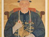 portrait d'un homme coiffé d'un chapeau rouge, avec un tigre sur les genoux