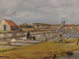 tableau représentant une scène de vie à la ferme avec un homme et un chien dans l'eau