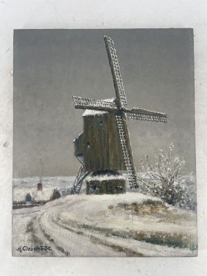 painting of a windmill in a snowy landscape with people walking on the road