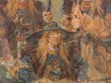 painting of a group of people dressed in costumes and holding knives