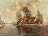 une image représentant un tableau d'une rivière avec des maisons en arrière-plan