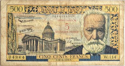 5 NF sur 500 francs Victor Hugo 30/10/1958, peu courant, B+