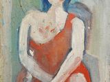 une peinture à l'huile représentant une femme en robe rouge assise sur une chaise