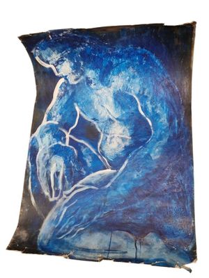 tableau représentant un homme assis sur un rocher, sur fond bleu