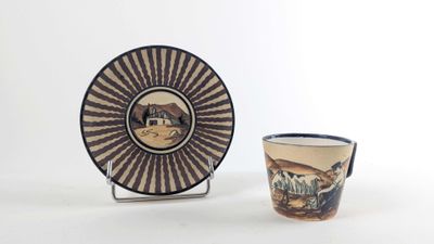 a cup and plate sitting next to each other on a table