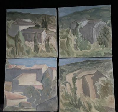 quatre tableaux représentant un paysage de montagne avec une maison au loin