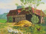 une peinture à l'huile représentant une grange avec des poulets devant