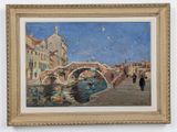 an oil painting of a bridge over a river with people walking on it