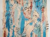 an image of a painting of a group of people on a blue background