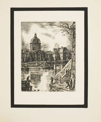 une image représentant un dessin en noir et blanc d'un bâtiment et d'une rivière
