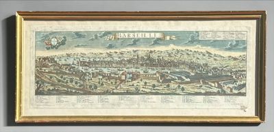 framed map of a city with a mountain in the background