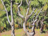 une peinture à l'huile représentant un groupe d'arbres dans un champ