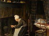 a painting of a woman sitting in front of a fire place