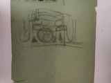 pencil drawing of a kitchen with a stove and a sink