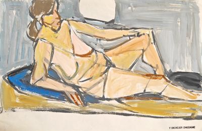 a painting of a woman sitting on a blue mat