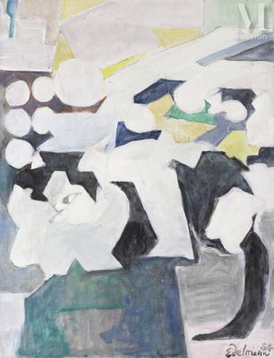 un tableau représentant un chat noir et blanc assis sur une table